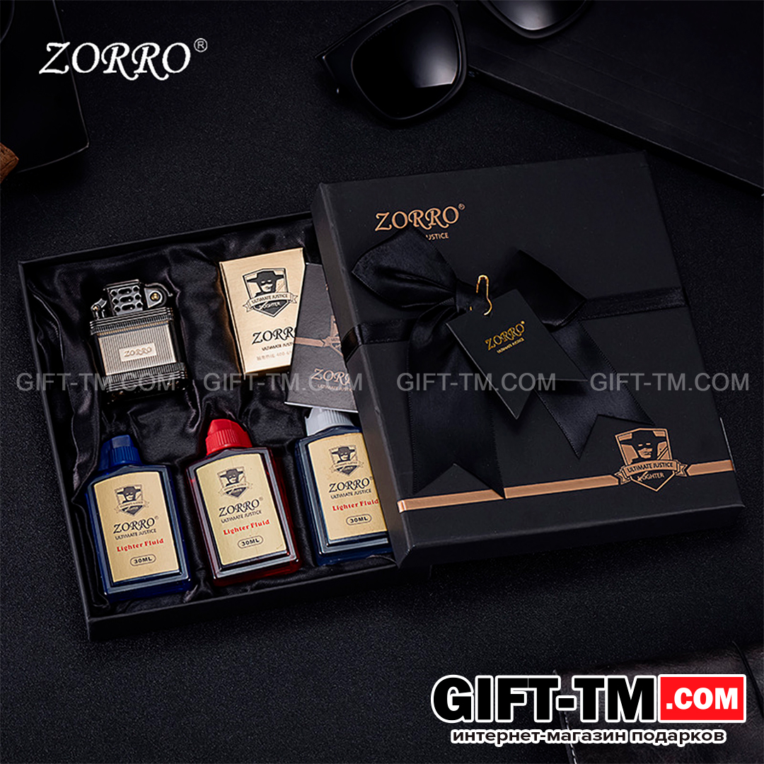sn01033_2 Зажигалка бензиновая «Zorro», черный лед, подарочный набор — изображение 1
