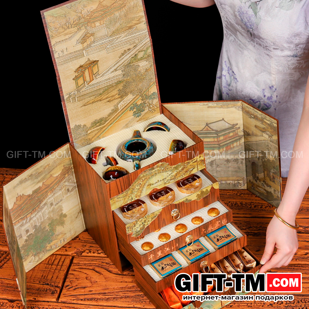 sn01068_7 Набор элитного китайского чая «Сундук богатства» + чайный сервиз — изображение 1